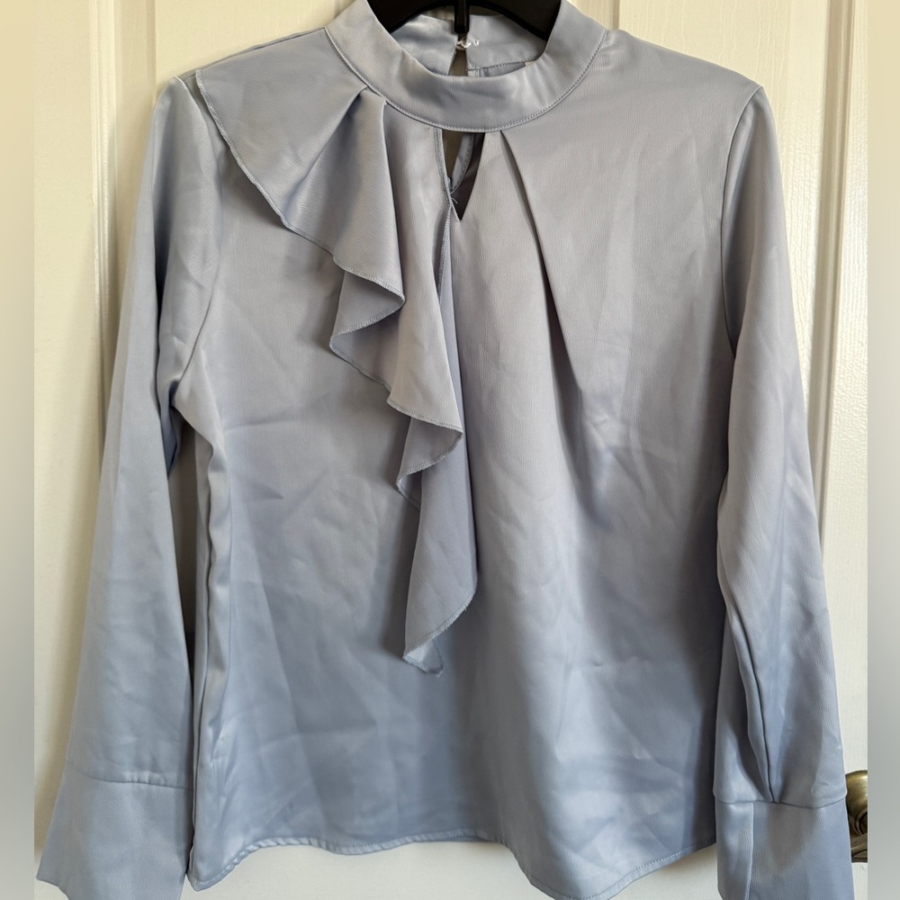Elegant Light Blue Ruffle Blouse